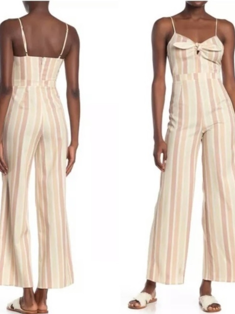 Romeo & Juliet Couture Cream and Pink Striped Bow-Front Wide-Leg Jumpsuit